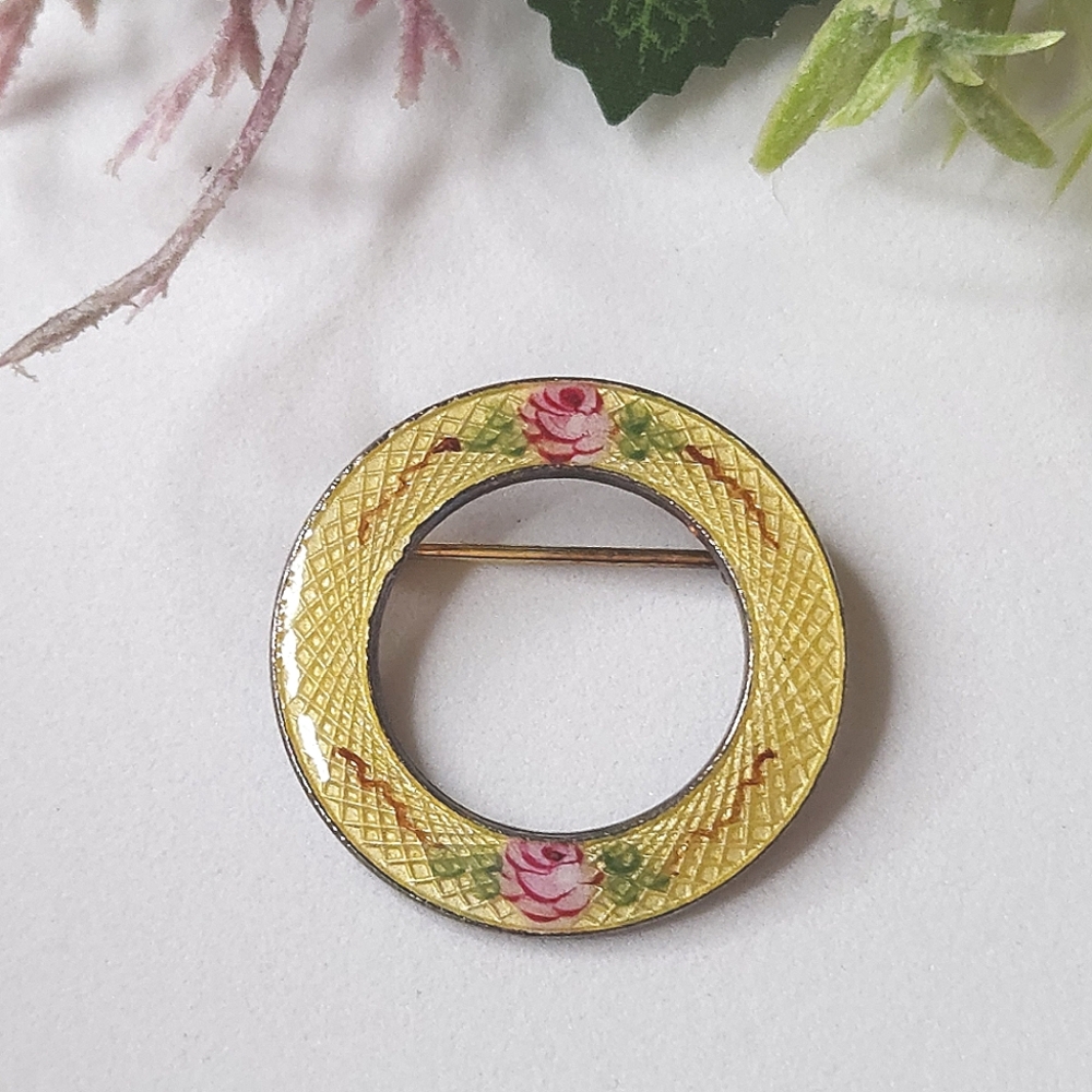 Vintage Guilloche Pink & Yellow FORGET ME NOT Rose Round Brooch